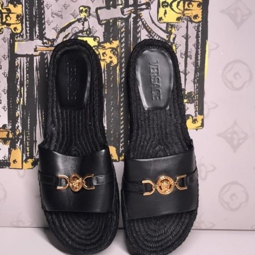 New Authentic Versace Designer Leather Slides – Iconic Gold Logo